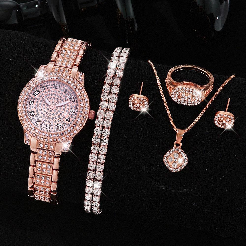 Women's Rose Gold Diamond-Inspired Jewelry & Watch Set